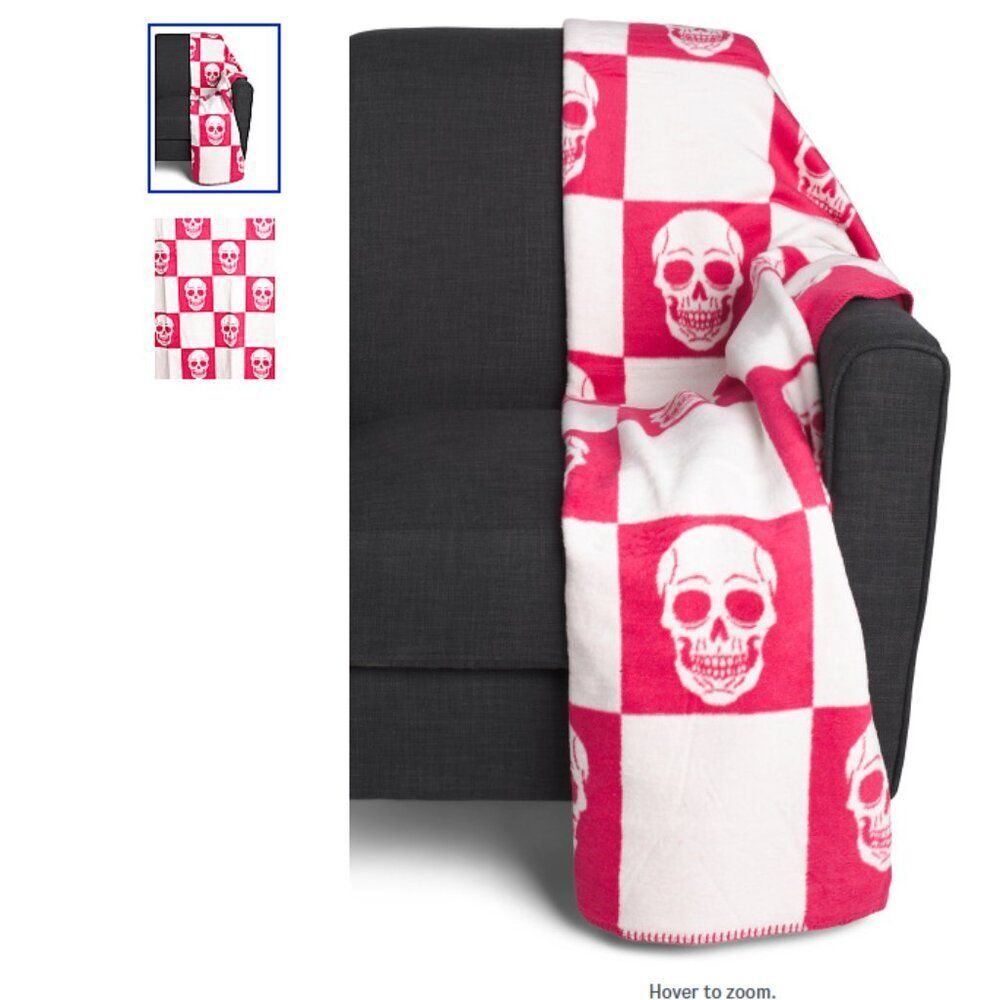 Docofil Reversible Halloween Pink & White Throw Blanket 51" x 67" Skulls NWT